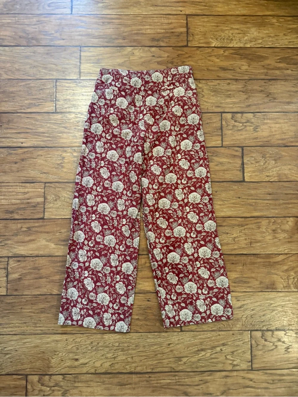 Zara NEW Womens High Waist Wide Leg Trousers Small Red Floral Linen Drawstring